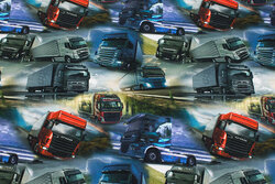 Blågrå bomuldsjersey med ca. 7 cm lastbiler