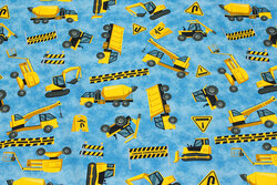 Mellemblå bomuldsjersey med 4-6 cm gule arbejdskøretøjer