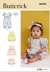 Babies rompers, kjole, bloomers og hovedbånd. Butterick 6950. 