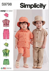 Toddlers top, bukser, shorts og hue i tre størrelser. Simplicity 9798. 