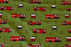 Mosgrøn bomuldsjersey med ca. 7 cm brandbiler