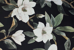 Sort, mellemsvær bomuld med store off-white blomster