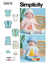 Baby tee-skjorter, jakke, bukser og hue. Simplicity 9616. 