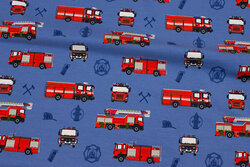Mellemblå bomuldsjersey med ca. 7 cm brandbiler